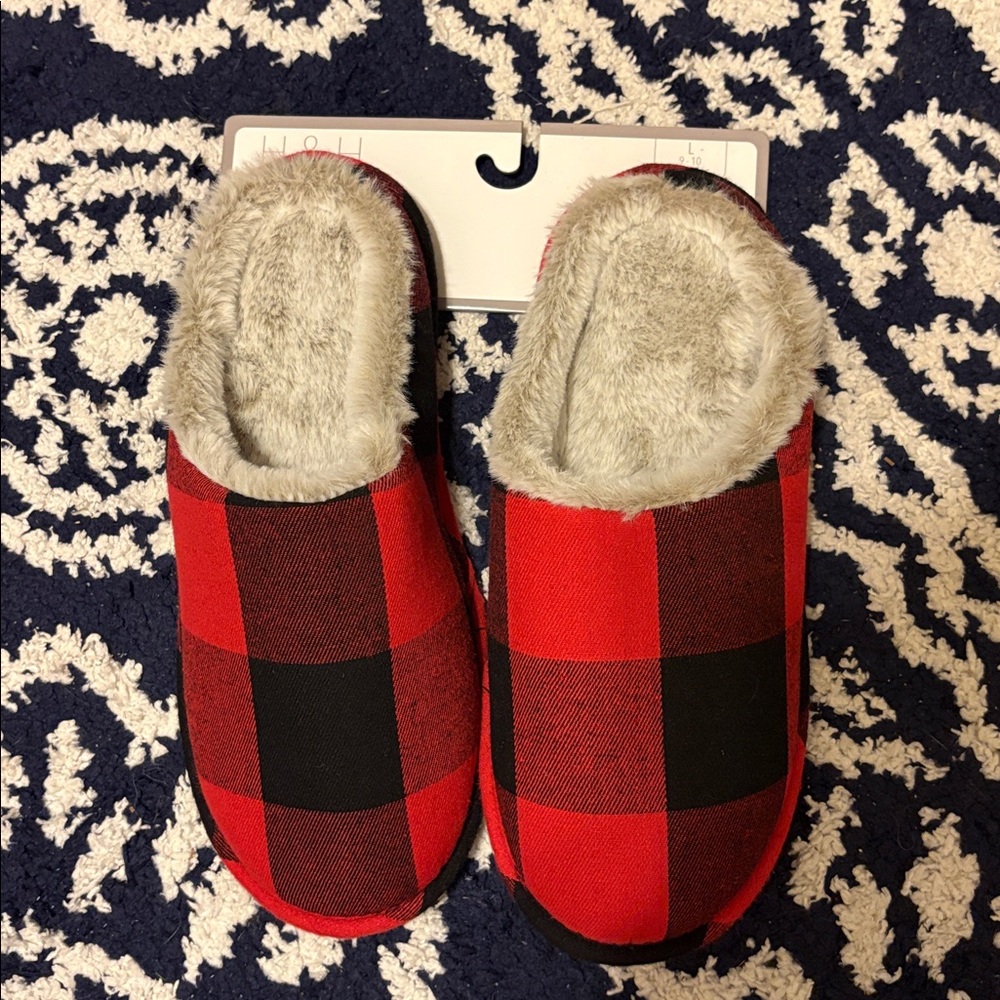 Red and Black Plaid Slippers with Faux Fur Lining